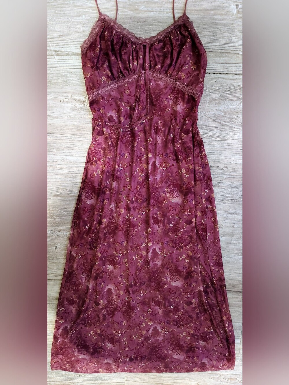 Women's Burgundy Floral Slip Dress with Lace Trim